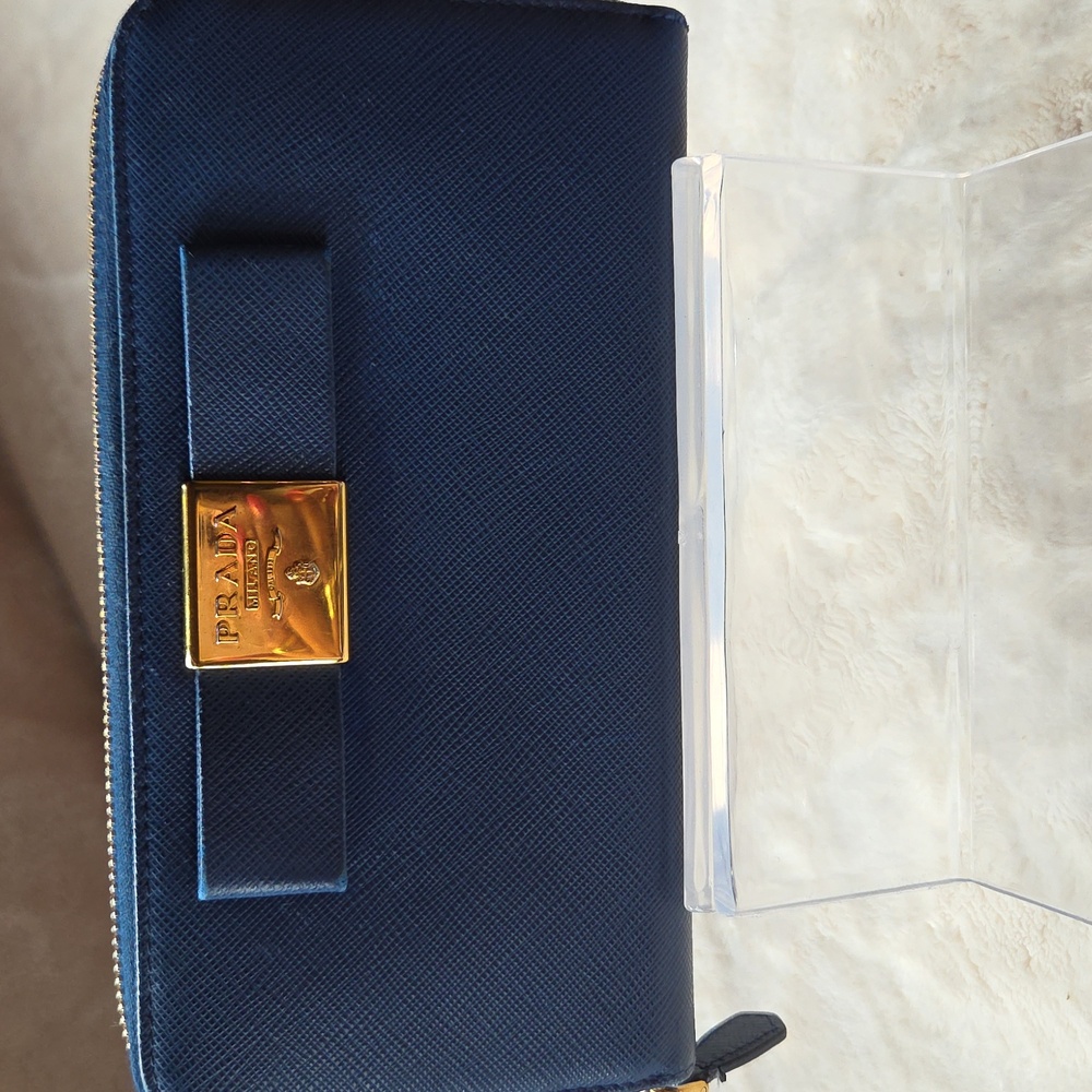 Prada Dark Blue Wallet with Gold Logo